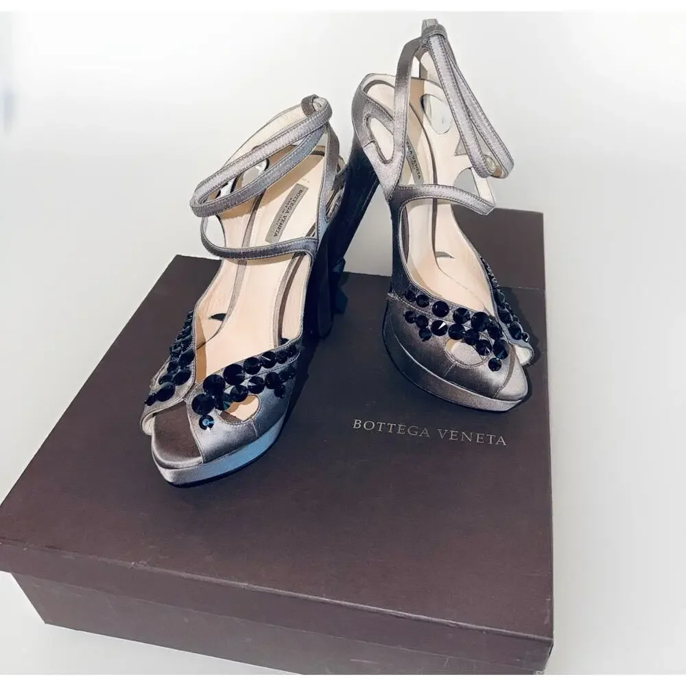 Bottega Veneta Grey Satin Embellished Bead Ankle Strap Platform Heels Sandal